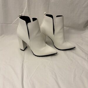 White Pointed-Toe Block Heel Ankle Boots
